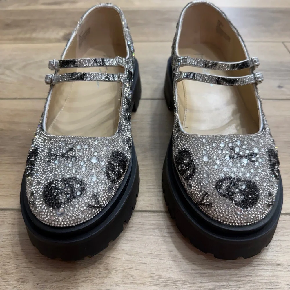 Betsey Johnson Rico Skull Rhinestone Platform Mary Jane Shoes Silver Goth Bling